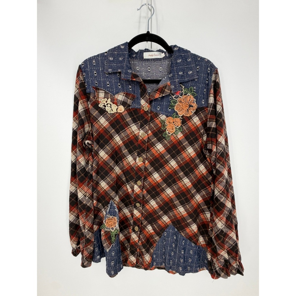 Simply Couture Button Down Womens XL Red Plaid Patchwork Floral Boho Shirt Fall